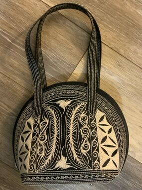 Round Embroidered Mini Bag in Black and Beige